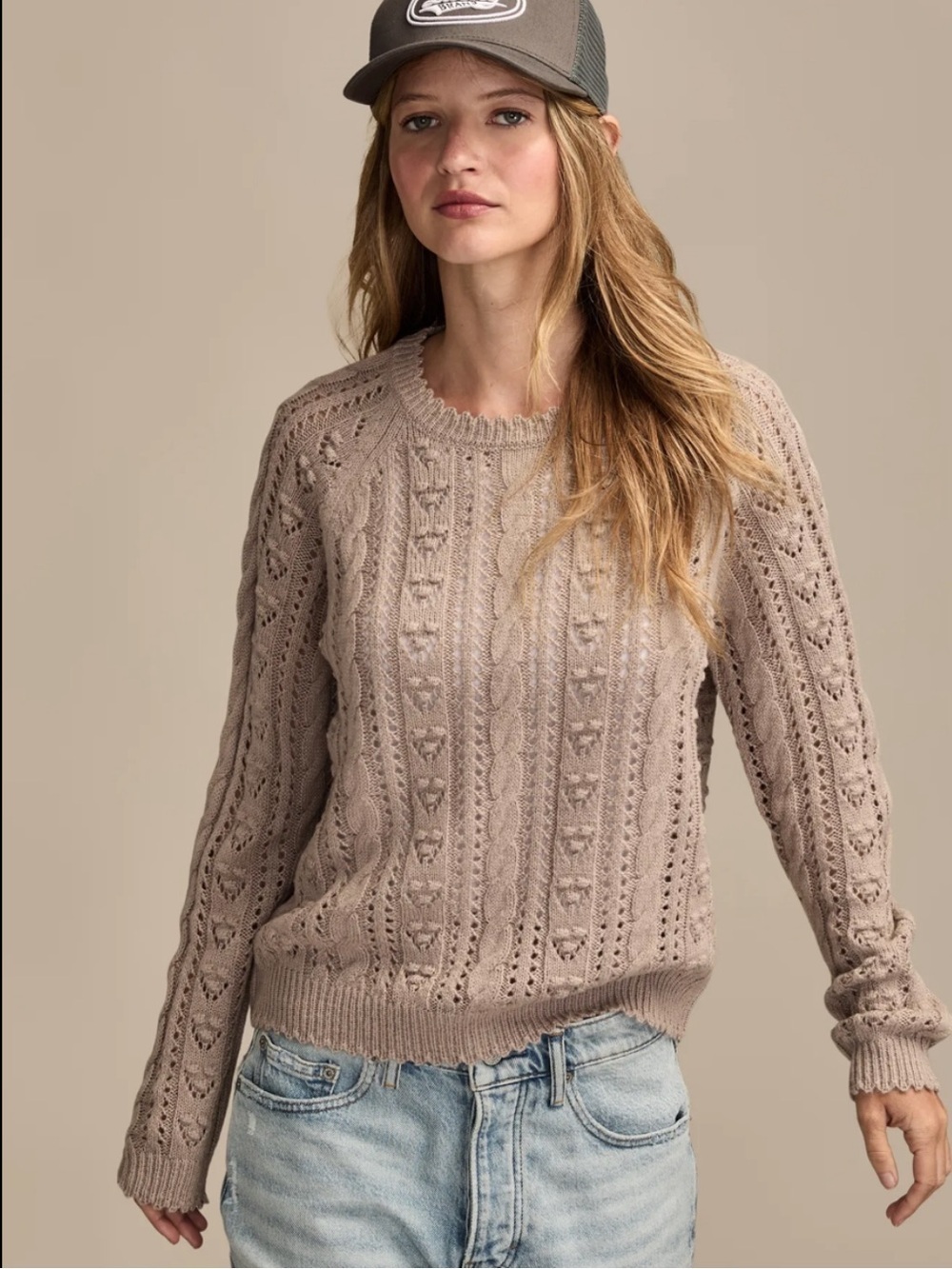 Lucky Brand NWT Light Taupe Pointelle Crew Sweater Small